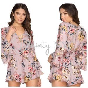 Pink Floral Bell Sleeve Flowy Romper Spring Summer